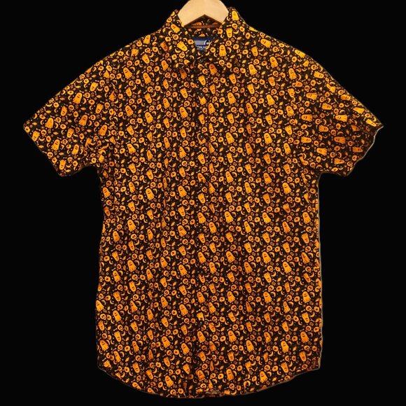Monument Black with Orange Halloween Print Button Up Shirt Men’s Medium - Picture 1 of 6